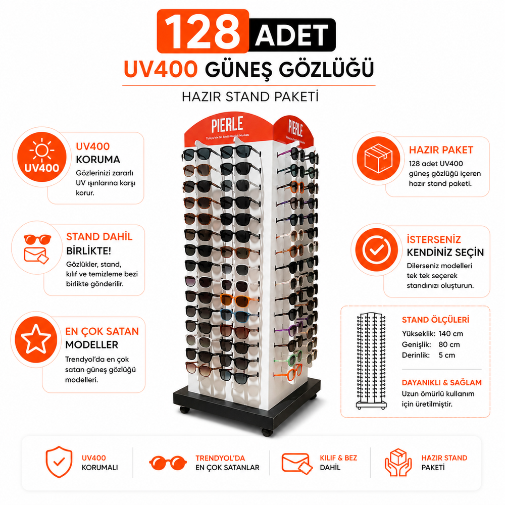 PIERLE 128 Adet UV400 Güneş Gözlüğü Satışa Hazır Stand Paketi