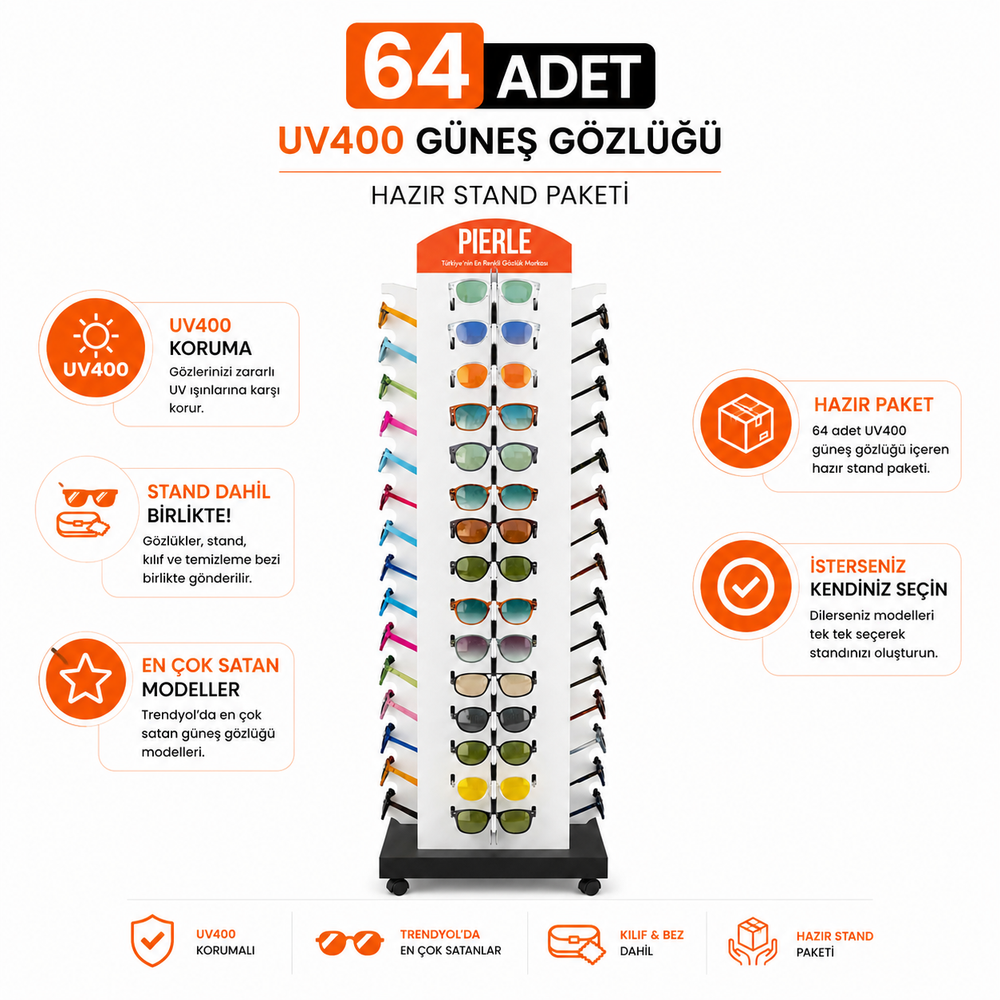 PIERLE 64 Adet UV400 Güneş Gözlüğü Satışa Hazır Stand Paketi