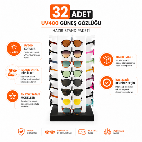 PIERLE 32 Adet UV400 Güneş Gözlüğü Satışa Hazır Stand Paketi